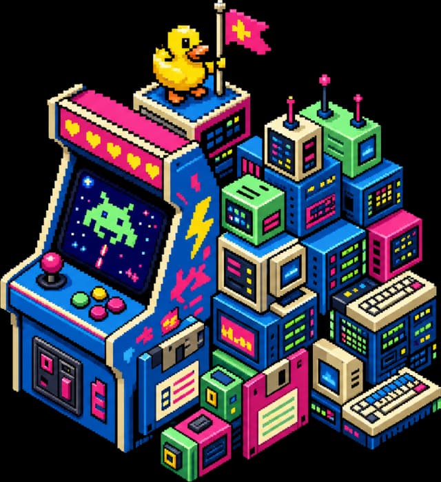 Isometric pixel-art arcade tower with a duck holding a flag on top